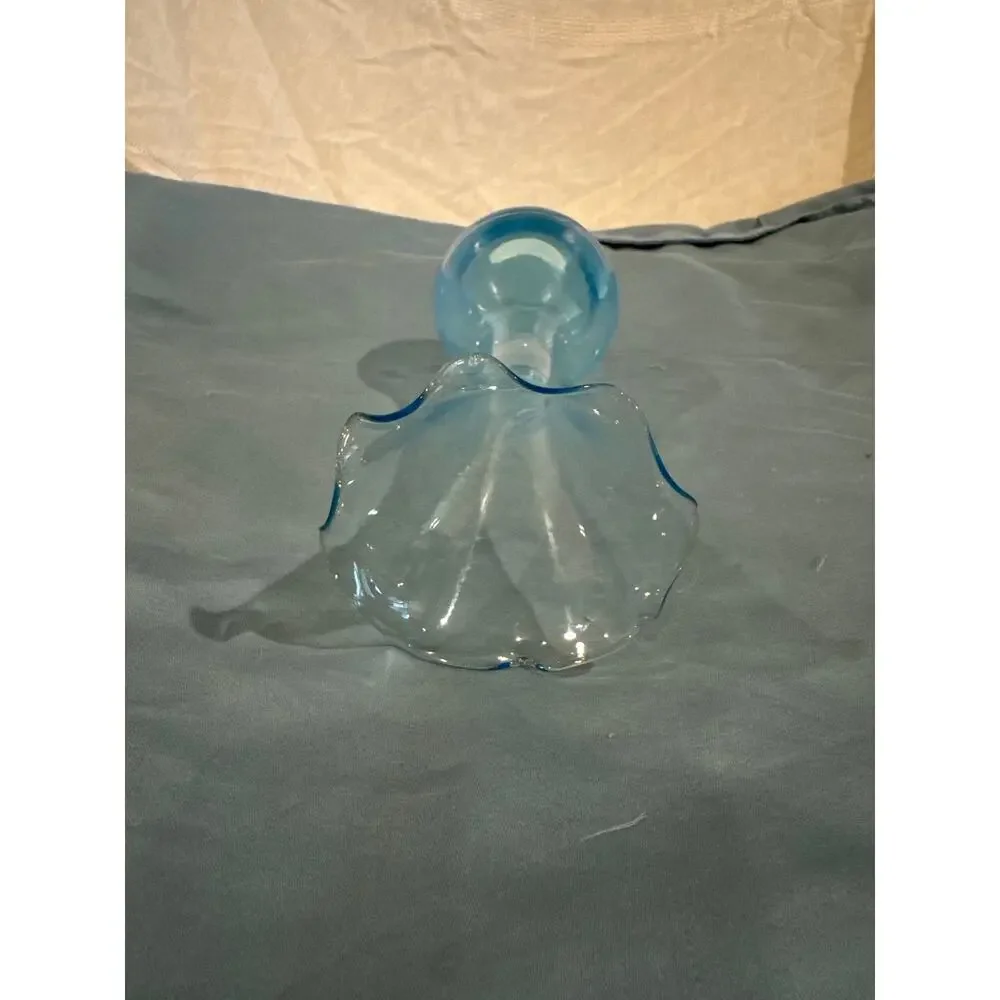 Vintage Aqua Blue Glass Bud Vase Etched Floral Ruffled Top Mid Century 8”